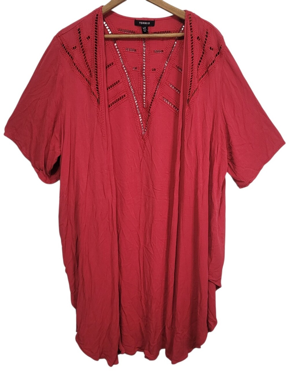 Torrid Red Crinkled Gauze Crochet Inset Longline Kimono Size 1/2 Boho Beach Swim